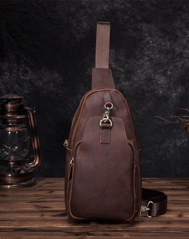 Badass Brown Leather Men's Sling Bag Chest Bag Vintage One shoulder Backpack For Men