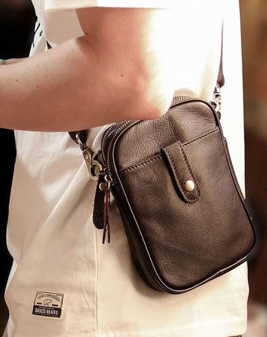 Dark Brown Vintage Leather Mens Small Messenger Bag Waist Bag Black Belt Pouch Bag For Men