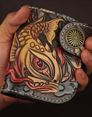 Tooled Arowana Handmade Leather Mens billfold Biker Wallets BIfold SMall Wallet For Men