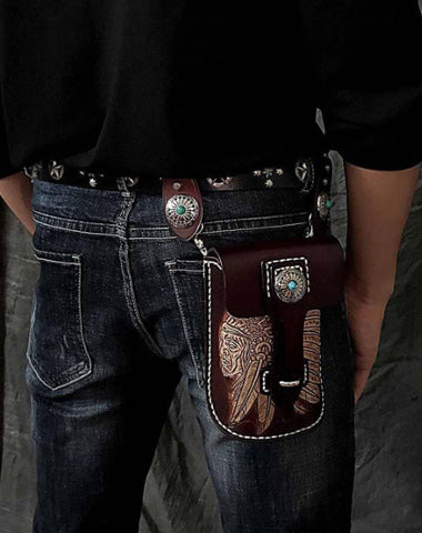 Black Badass Mens Indian Tooled Leather Waist Bag Side Bag Coffee Belt Pouch Belt Bag for Men