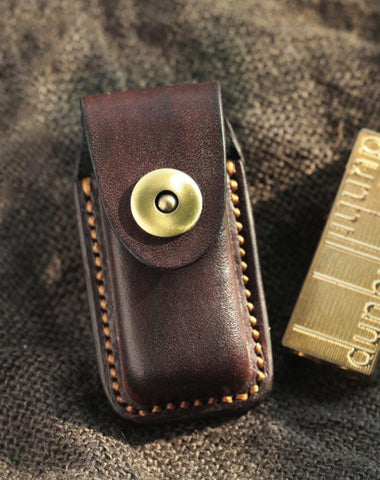 Dark Coffee Handmade Leather Mens Dunhill Lighter Case Cool Lighter Holders For Men