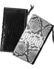 Black Snakeskin Leather Mens Slim Long Wallet Bifold Zipper Clutch Wallet For Men