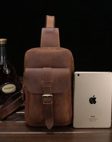 Brown Cool LEATHER MENS Sling Bags One Shoulder Backpack Dark Coffee Chest Bag For Men