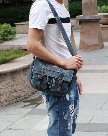 Denim Blue Mens Small Courier Bag Messenger Bag Blue Jean Postman Bag For Men