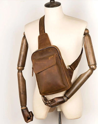 Cool Dark Brown Leather Mens Sling Bag Crossbody Pack One Shoulder Pack Brown Chest Bag for men