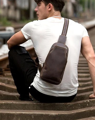Casual Dark Brown Leather Mens Sling Pack Sling Bags Chest Bags One Shoulder Backpack for Men