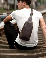 Casual Dark Brown Leather Mens Sling Pack Sling Bags Chest Bags One Shoulder Backpack for Men