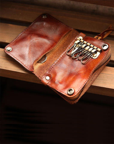 Cool Black Leather Mens billfold Key Wallet Bifold Brown Small Key Wallet Key Holder For Men