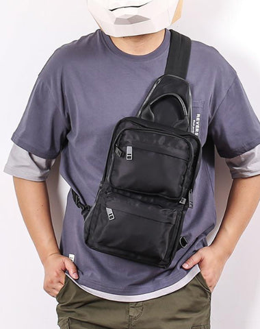 Cool Black Nylon Men's Sling Bag Chest Bag Nylon One shoulder Backpack Sling Pack For Men