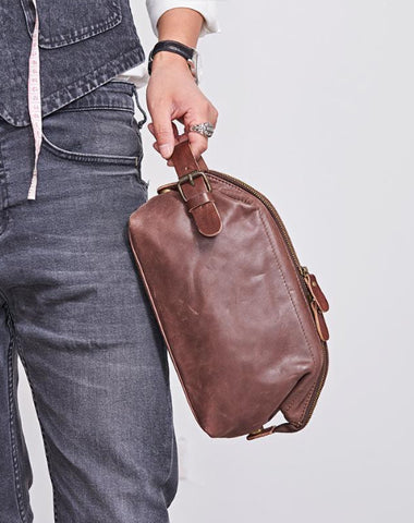 Large Black Leather Mens Brown Clutch Bag Zipper Wristlet Bags Purse for Men