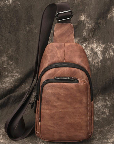 Casual Brown Sling Bag LEATHER MENS Sling Pack One Shoulder BackPack FOR MEN