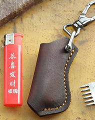 Dark Brown Leather Mens Disposable Lighter Case Lighter Holder with Belt Clip For Men