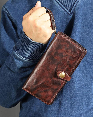 Leather Mens Cool Vintage Wallet Bifold Long Leather Biker Wallet Black Clutch Wristlet Wallet for Men