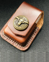 Brown Handmade Leather Mens OX Zippo Lighter Holders Lighter Case For Men