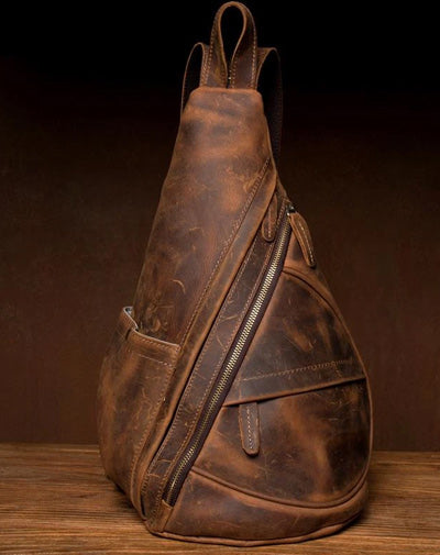 Leather Mens Cool 10 inches Sling Bag Crossbody Bag Chest Bag for men
