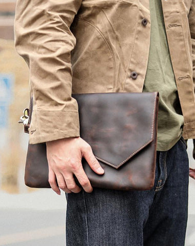 Vintage Business Leather Mens Black Envelope Bag Document Purse Dark Brown Clutch For Men