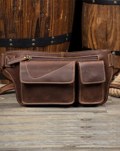 Vintage Brown Leather Fanny Pack Mens Waist Bags Hip Pack Belt Bags Bumbags for Men