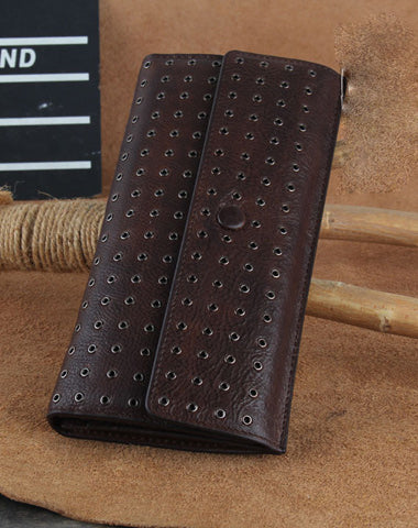 Genuine Leather Mens Cool Long Leather Wallet Zipper Clutch Wristlet Wallet for Men