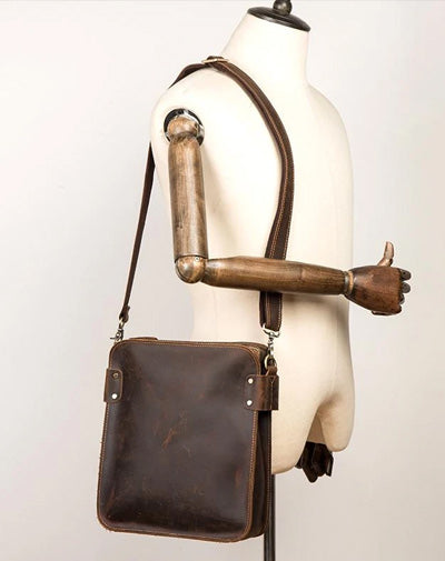 Vintage Dark Brown Cool Leather 12 inches Vertical Courier Bag Messenger Bags for Men