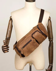Cool Brown Leather Mens Large Fanny Pack Barrel Waist Bag Chest Bag Hip Pack Bum Pack for men
