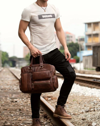 Cool Brown Leather 16 inches Travel Briefcase Side Bag Travel Handbag Luggage Bag for Men
