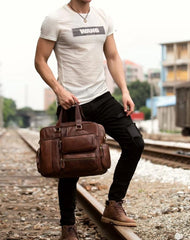 Cool Brown Leather 16 inches Travel Briefcase Side Bag Travel Handbag Luggage Bag for Men