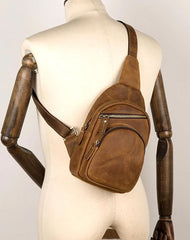 Cool Brown Leather Mens One Shoulder Backpack Sling Bags Crossbody Pack Chest Bag for men