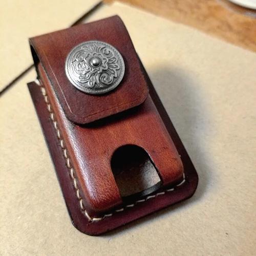 Coffee Handmade Leather Mens Slim Zippo Lighter - Back View