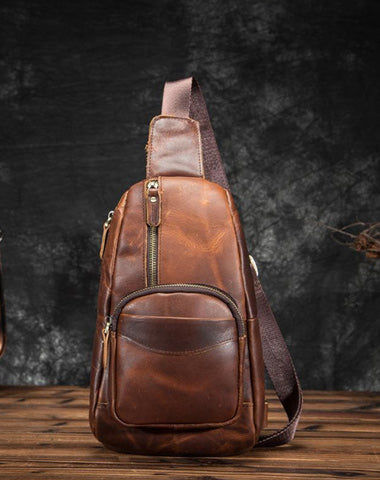 Badass Brown Leather Men's Sling Bag Chest Bag Vintage 8-inches One shoulder Backpack For Men