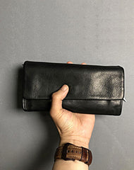 Handmade Genuine Leather Mens Clutch Cool Slim Wallet Zipper Clutch Wristlet Wallet for Men