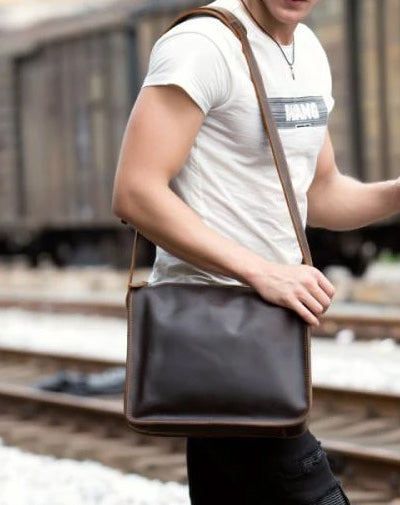 Fashion Dark Brown Leather 11 inches Postman Bag Messenger Bags Courier Bag for Men