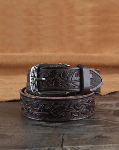 Genuine Leather Punk Rock Biker Tooled Floral Trucker Mens Belt Men Black Coffee Belt for Men
