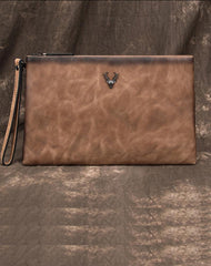 Vintage Tan MENS LEATHER SLIM ZIPPER CLUTCH - Front View
