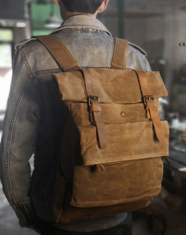 Khaki Oiled Wax Canvas Mens Rollup Backpack Travel Backpack Hiking Backpack Outdoor Backpack For Men