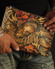 Cool Handmade Tooled Leather Pisces Clutch Wallet Wristlet Bag Clutch Purse For Men