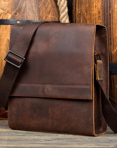 Dark Brown Casual Leather 8 inches Shoulder Vertical Postman Bag Messenger Bags Courier Bag for Men