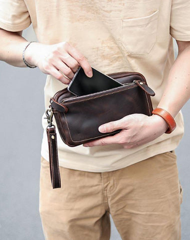 Vintage Dark Brown Leather Mens Phone Wallet Clutch Wallet Wristlet Bag Zipper Long Wallet For Men