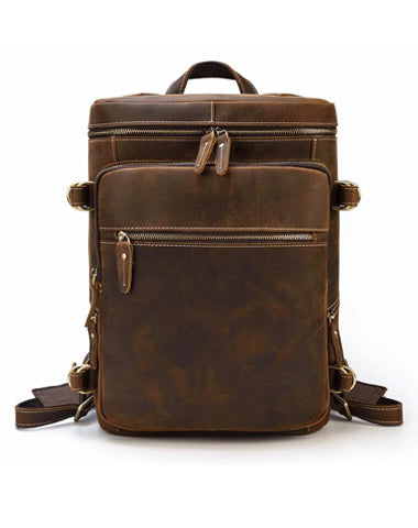 Brown Leather Men's 16 inches Large Computer Backpack Retro Large Travel Backpack Large College Backpack For Men