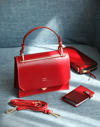 Fashion Womens Red Leather Flap Over Handbag Purse Handmade Square Crossbody Bag Shoulder Bag Purse