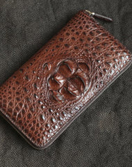 Brown Crocodile Leather Mens Black Zipper Bifold Long Wallet Black Clutch Wallet For Men