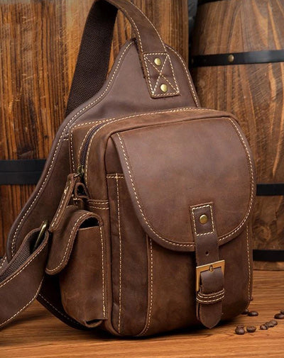 Casual Brown Leather Mens Sling Packs Sling Bag Chest Bag One Shoulder Backpack for Men