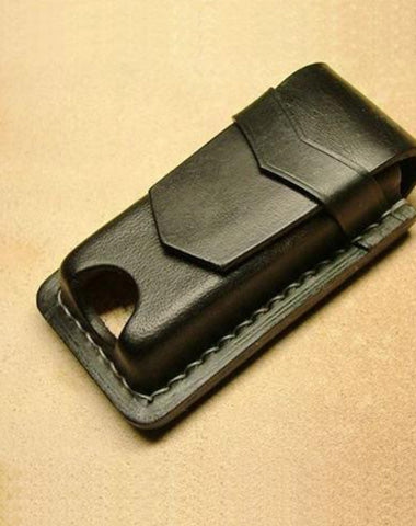 Black Handmade Leather Mens Slim Zippo Lighter Case Black Slim Zippo Lighter Holder with Belt Loop for Men