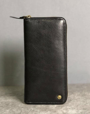 Genuine Leather Mens Cool Long Leather Wallet Zipper Clutch Wristlet Wallet for Men