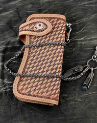 Handmade Beige Tooled Leather Men's Bifold Long Wallet Cool Biker Chain Wallet For Men