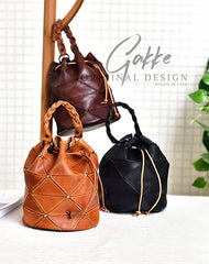 Womens Brown Leather Bucket Shoulder Bag Purse Vintage Split Joint Barrel Round Handbag Crossbody Purse for Women