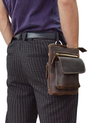 Casual Brown Leather Mini Messenger Bag Men's Belt Pouch Belt Bag Waist Pouch For Men