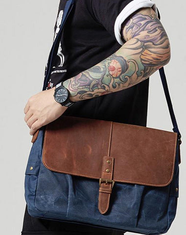 Navy Blue Leather Waxed Canvas Mens Side Bag Messenger Bags Gray Casual Courier Bags for Men