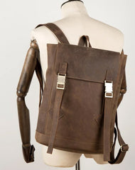 Casual Dark Brown Leather Mens 14 inches School Backpacks Satchel Backpack Computer Backpack for Men