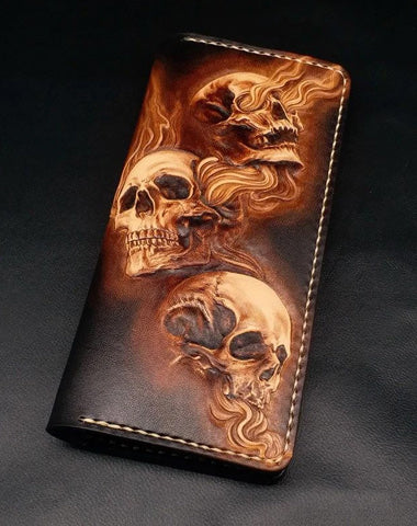 Dark Coffee Handmade Tooled Three Skulls Leather Mens Long Wallet Bifold Clutch For Men