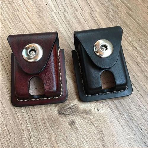 Black Leather Mens Classic Zippo Lighter Case - Back View